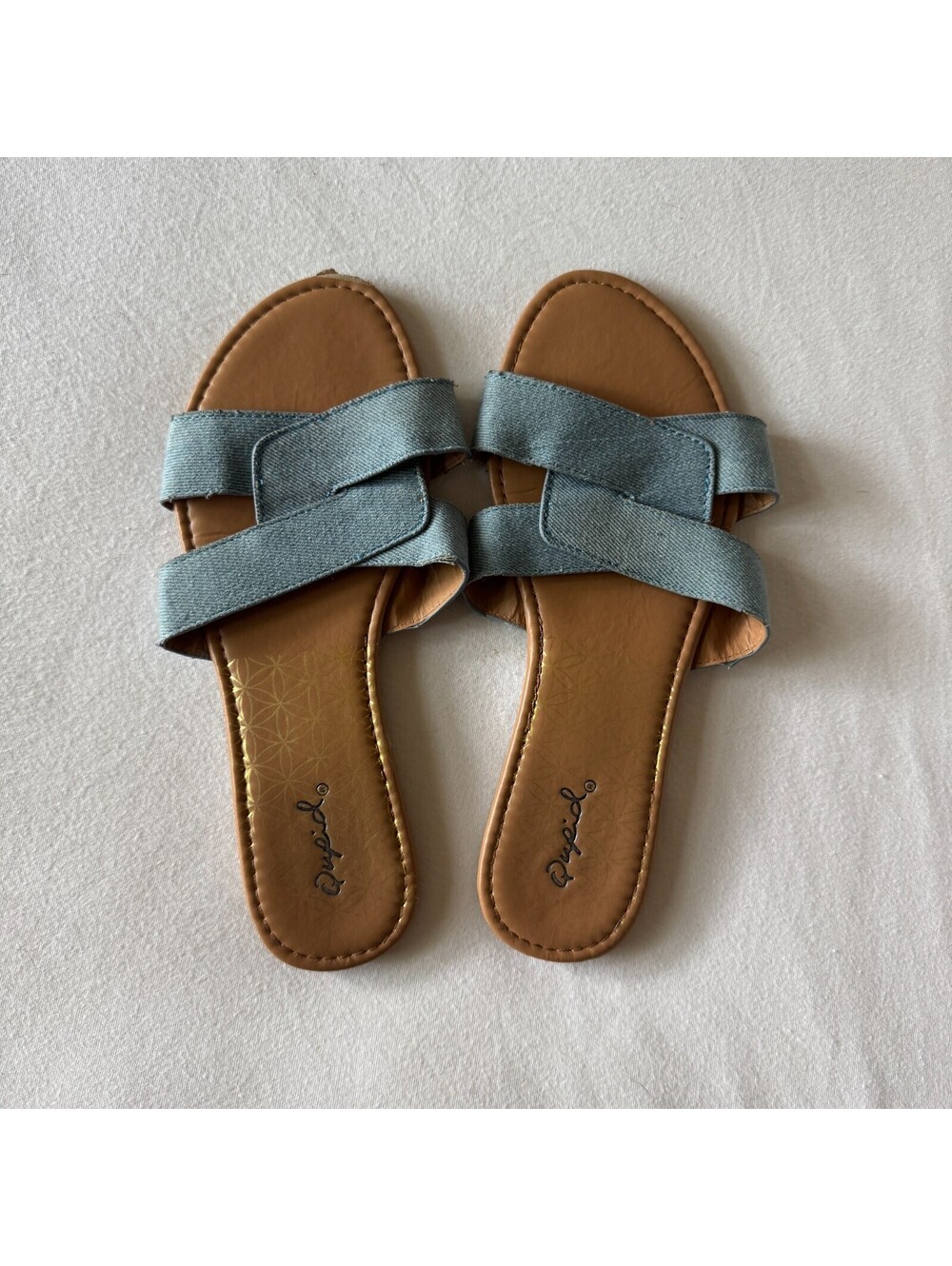 Qupid Denim Blue Flat Slip On Sandals Women's 7 Summer Boho Casual